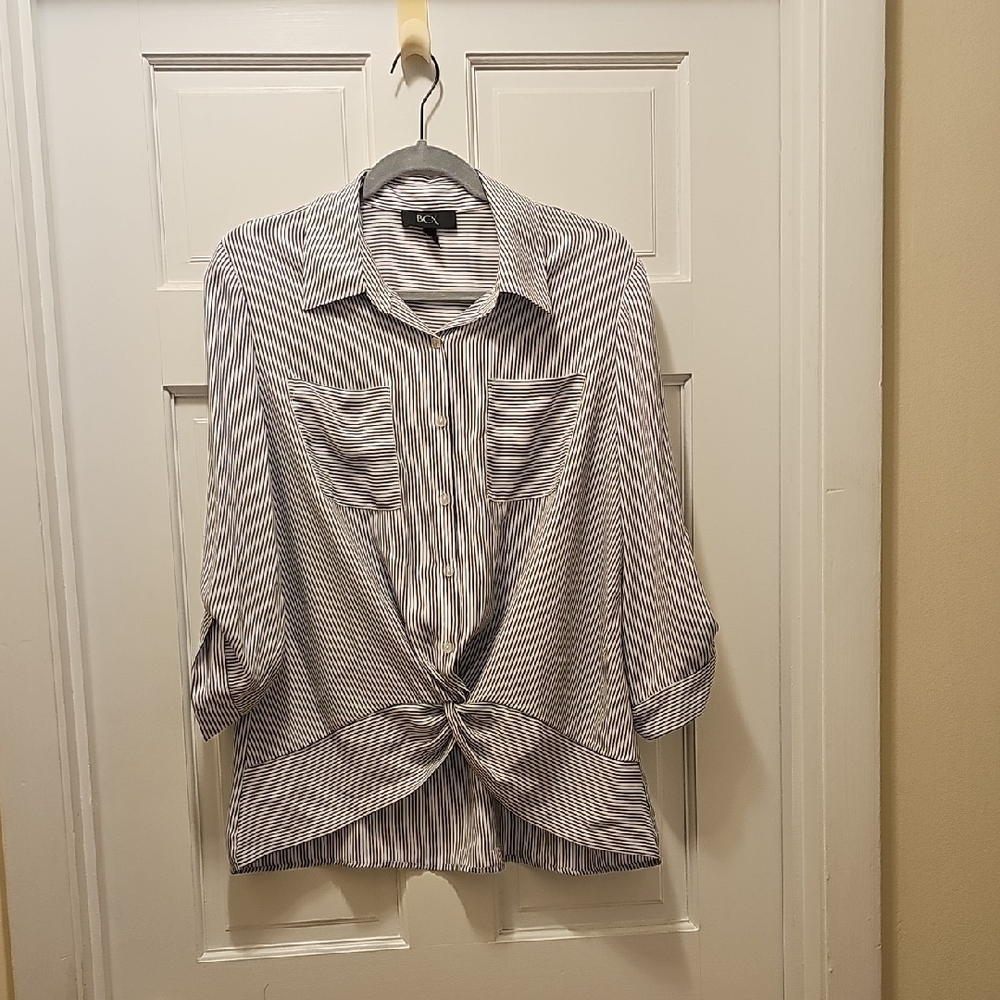 BCX Navy Blue and White Striped Button-Down Shirt
